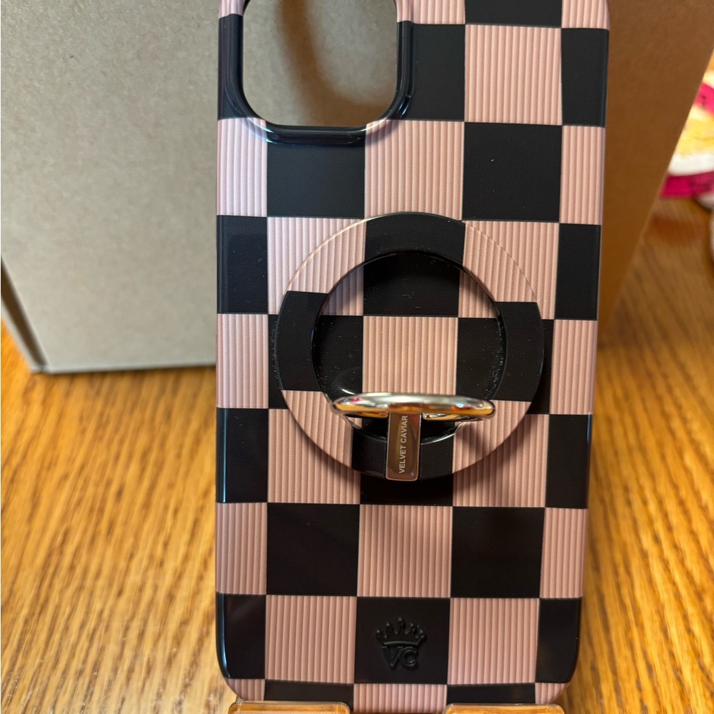 Velvet Caviar Black and Tan Checkered Phone Case with Ring Holder Iphone 15plus